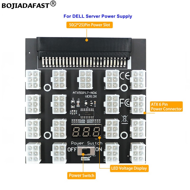 2400W Server Psu Breakout Board - 17 * PCI-E 6-Pin-Anschluss-Breakout-Board-Ein/Aus-Schalter für DELL